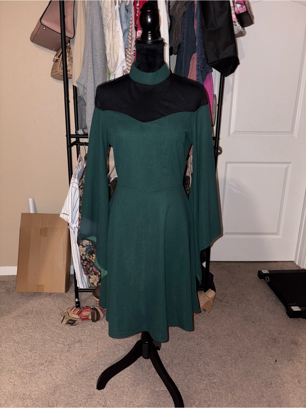 Forest Green Long Sleeve Fit & Flare Dress with Black mesh Yoke